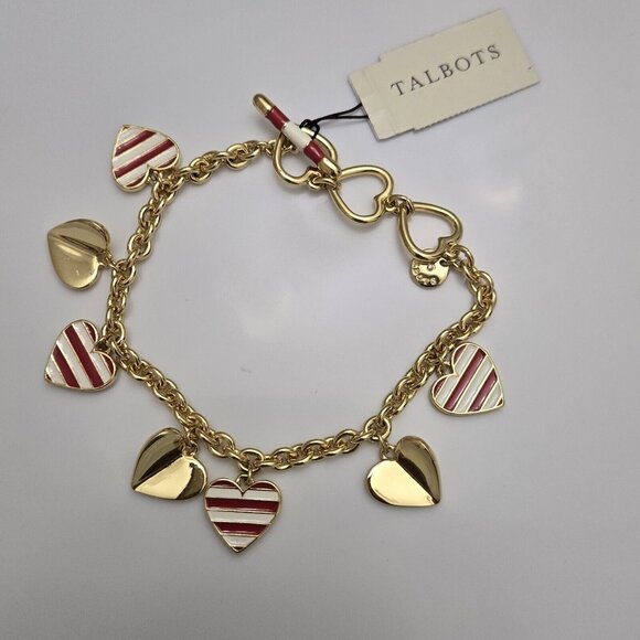 Talbots Jewelry - Talbots Charm Bracelet Red Stripe Hearts Gold Tone Toggle Valentine's Day Cute